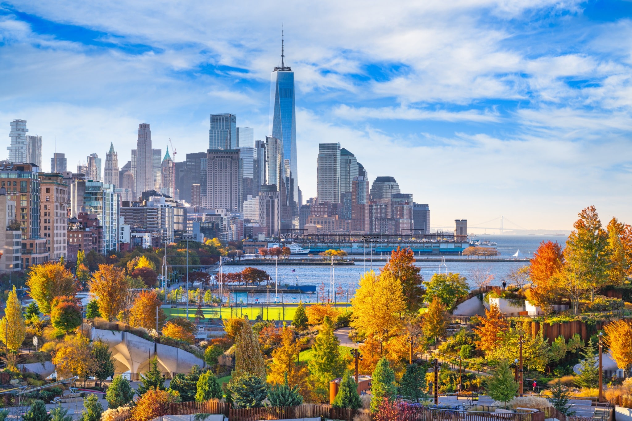 Hudson River Park in New York City in de herfst